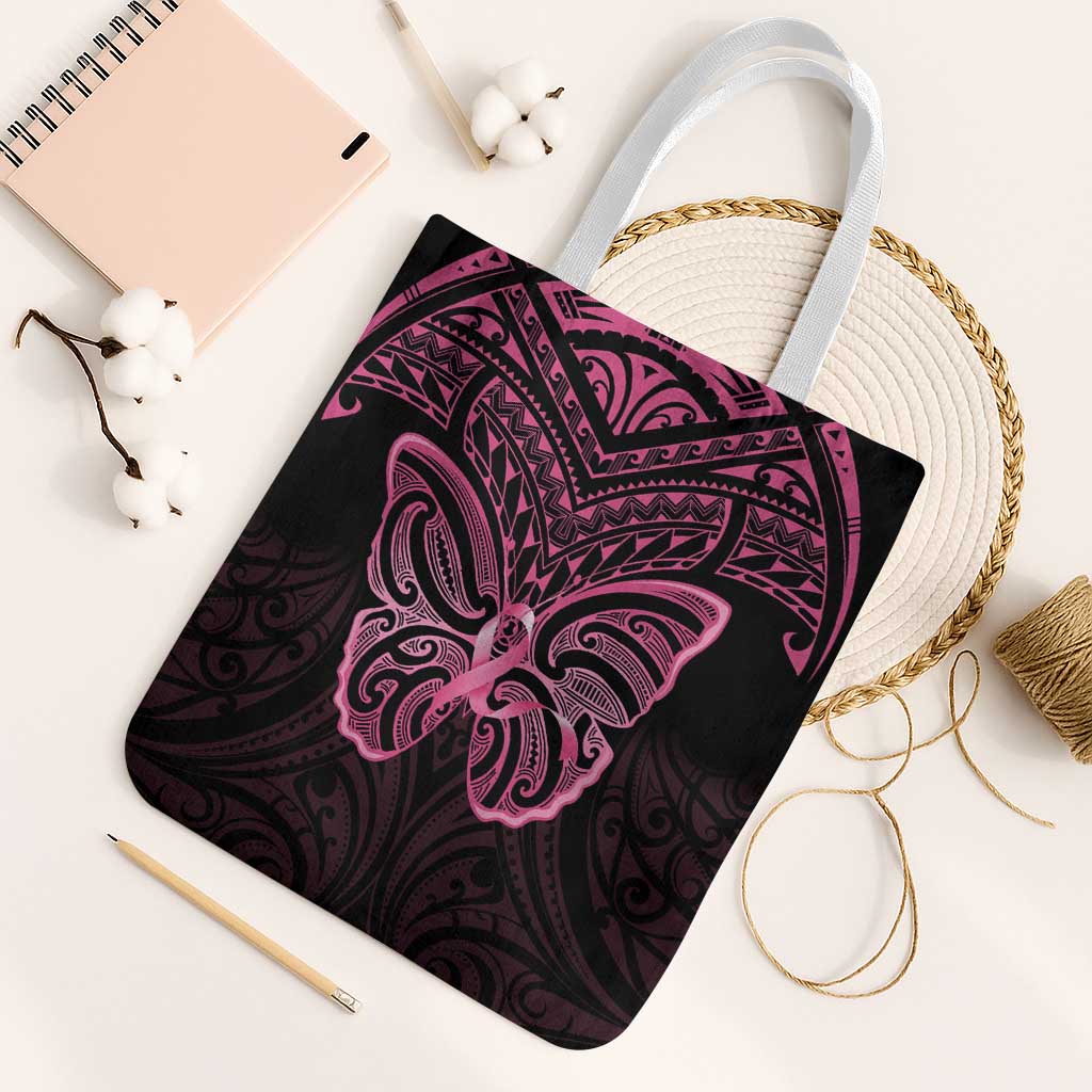 New Zealand Breast Cancer Awareness Tote Bag Maori Butterfly Pink Ribbon Black Version - Polynesian Pride
