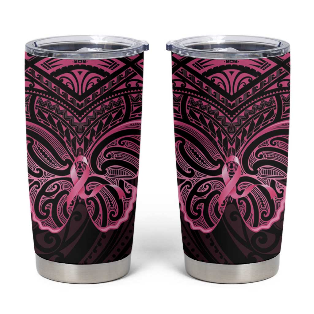 New Zealand Breast Cancer Awareness Tumbler Cup Maori Butterfly Pink Ribbon Black Version - Polynesian Pride