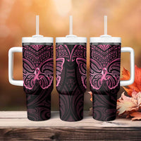New Zealand Breast Cancer Awareness Tumbler With Handle Maori Butterfly Pink Ribbon Black Version - Polynesian Pride
