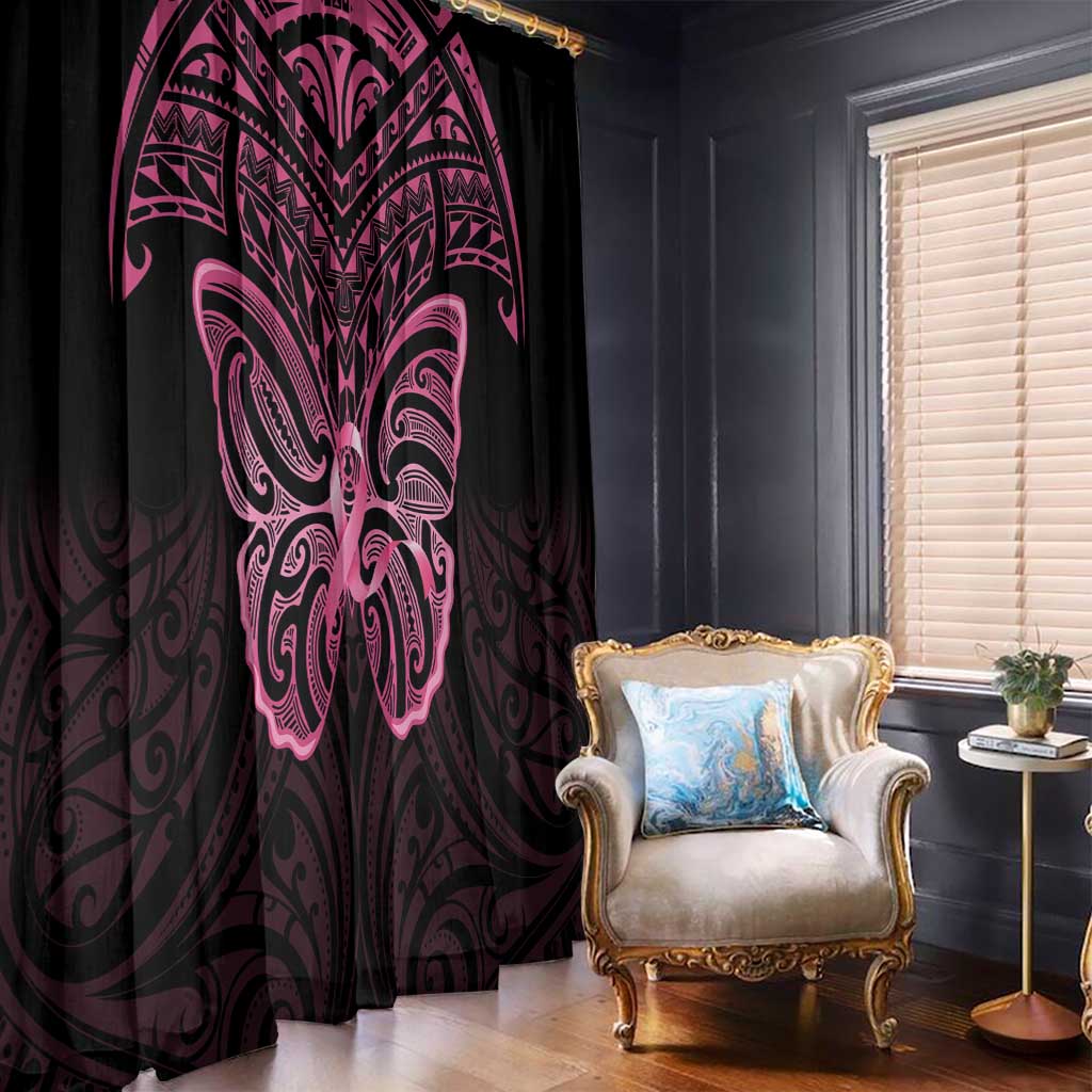 New Zealand Breast Cancer Awareness Window Curtain Maori Butterfly Pink Ribbon Black Version - Polynesian Pride