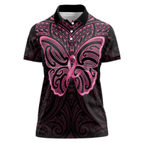 New Zealand Breast Cancer Awareness Women Polo Shirt Maori Butterfly Pink Ribbon Black Version - Polynesian Pride