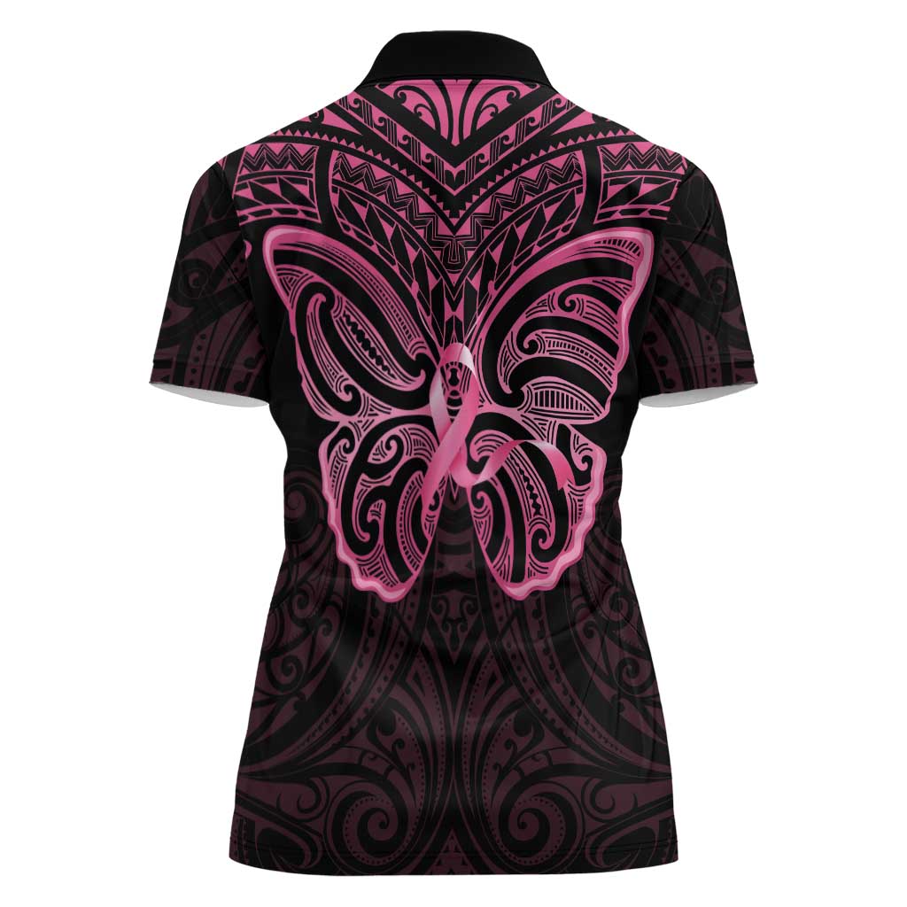 New Zealand Breast Cancer Awareness Women Polo Shirt Maori Butterfly Pink Ribbon Black Version - Polynesian Pride