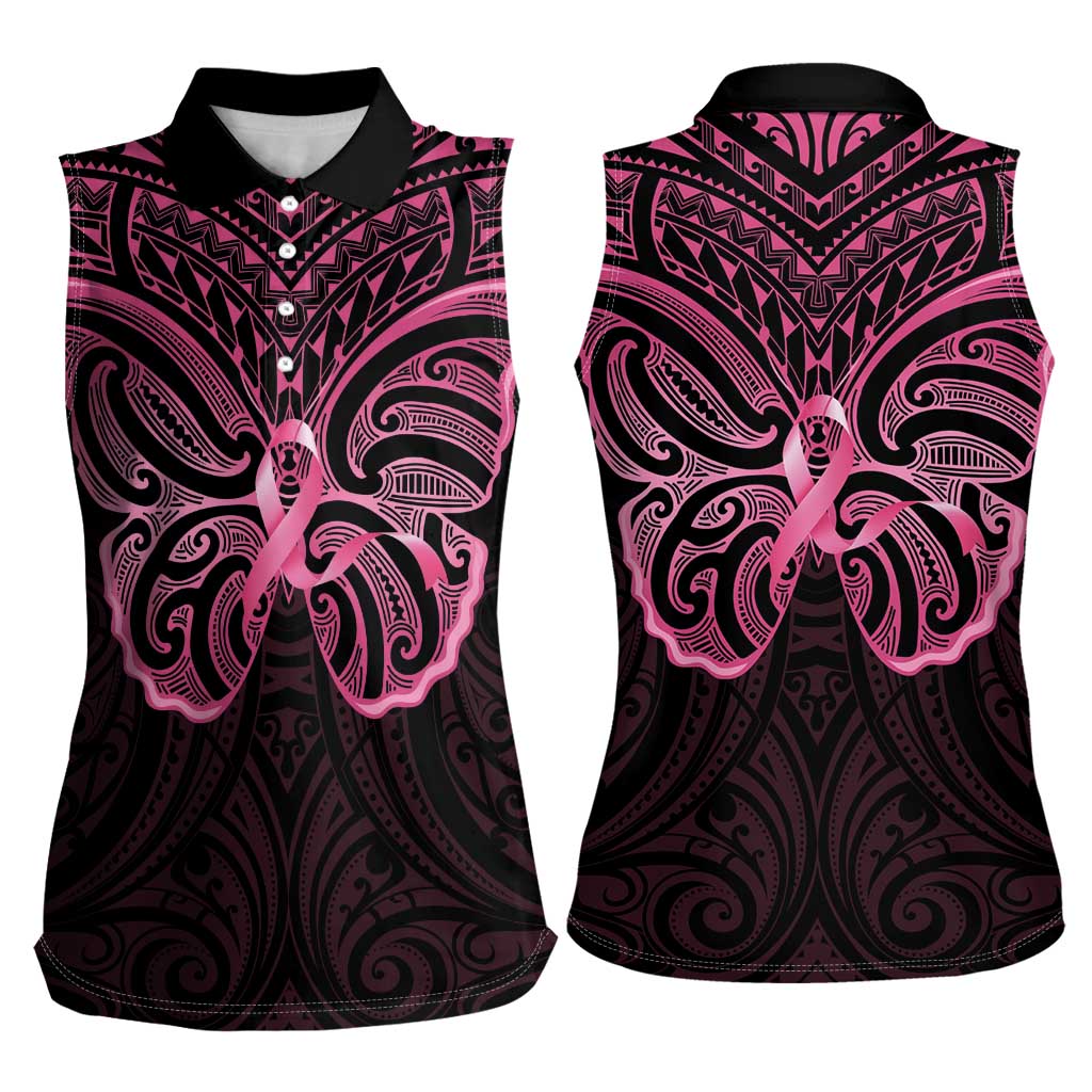 New Zealand Breast Cancer Awareness Women Sleeveless Polo Shirt Maori Butterfly Pink Ribbon Black Version - Polynesian Pride