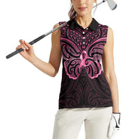 New Zealand Breast Cancer Awareness Women Sleeveless Polo Shirt Maori Butterfly Pink Ribbon Black Version - Polynesian Pride