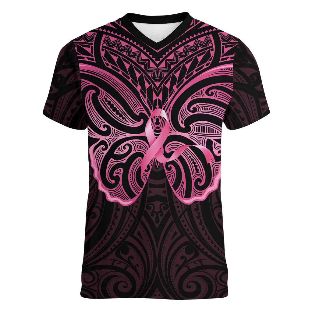 New Zealand Breast Cancer Awareness Women V-Neck T-Shirt Maori Butterfly Pink Ribbon Black Version - Polynesian Pride