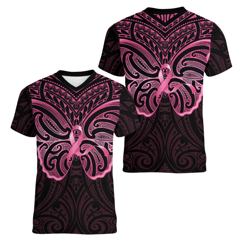 New Zealand Breast Cancer Awareness Women V-Neck T-Shirt Maori Butterfly Pink Ribbon Black Version - Polynesian Pride