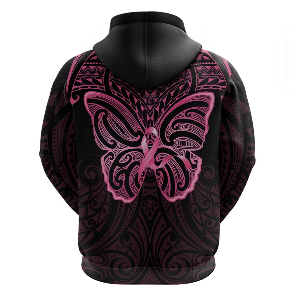 New Zealand Breast Cancer Awareness Zip Hoodie Maori Butterfly Pink Ribbon Black Version - Polynesian Pride