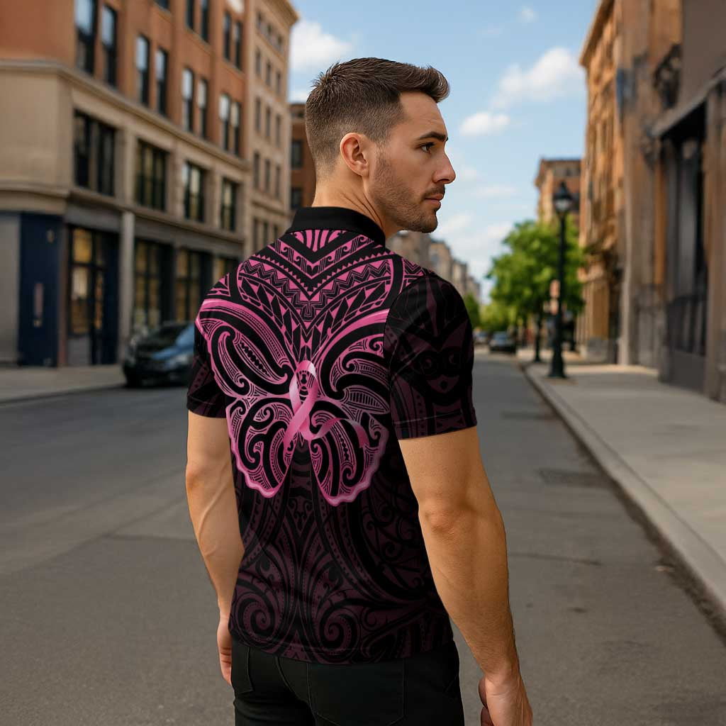 New Zealand Breast Cancer Awareness Zipper Polo Shirt Maori Butterfly Pink Ribbon Black Version - Polynesian Pride