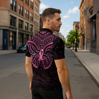 New Zealand Breast Cancer Awareness Zipper Polo Shirt Maori Butterfly Pink Ribbon Black Version - Polynesian Pride
