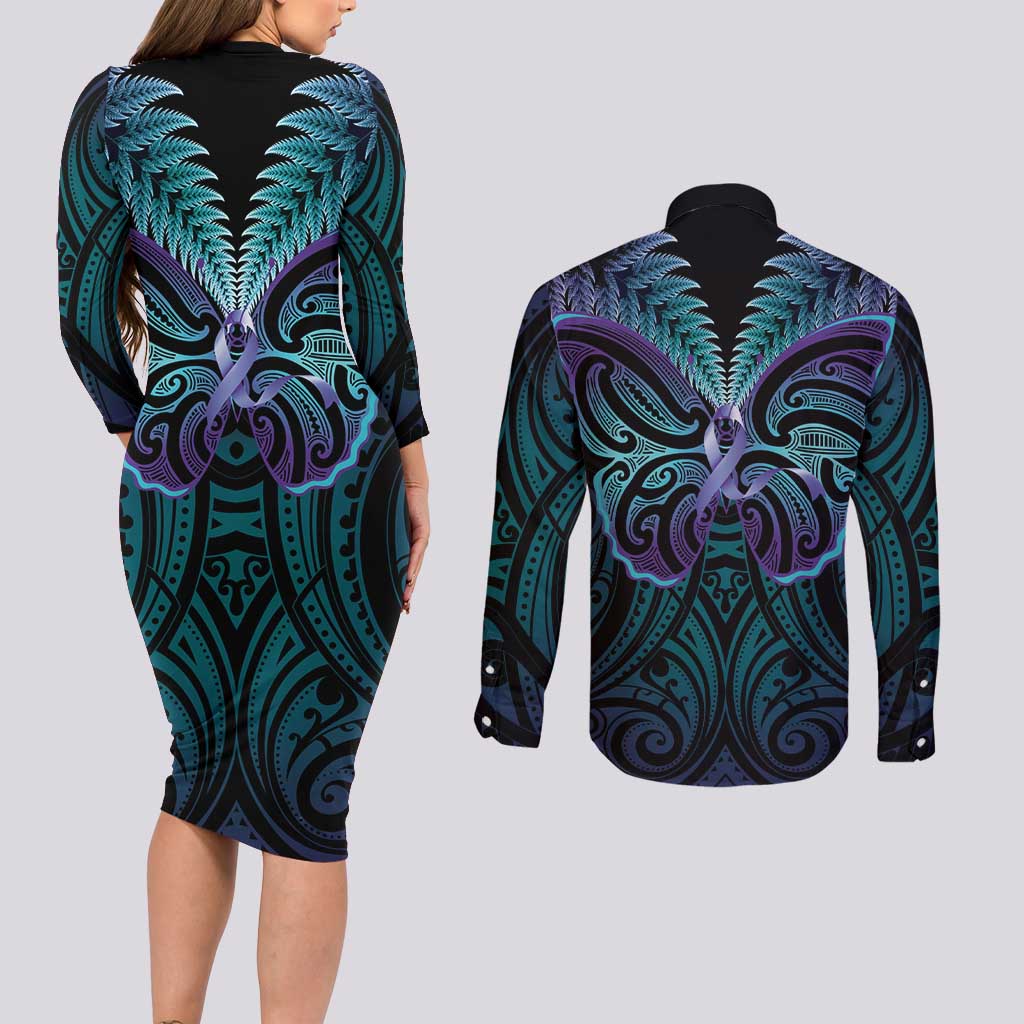 Suicide Prevention New Zealand Couples Matching Long Sleeve Bodycon Dress and Long Sleeve Button Shirt Aotearoa Maori Butterfly Mix Silver Fern - Polynesian Pride