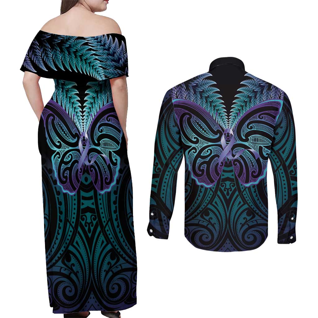 Suicide Prevention New Zealand Couples Matching Off Shoulder Maxi Dress and Long Sleeve Button Shirt Aotearoa Maori Butterfly Mix Silver Fern - Polynesian Pride