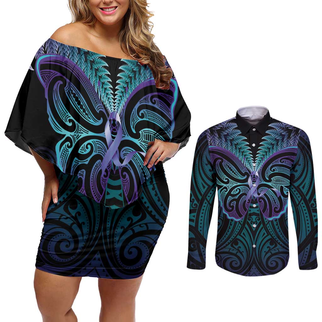 Suicide Prevention New Zealand Couples Matching Off Shoulder Short Dress and Long Sleeve Button Shirt Aotearoa Maori Butterfly Mix Silver Fern - Polynesian Pride