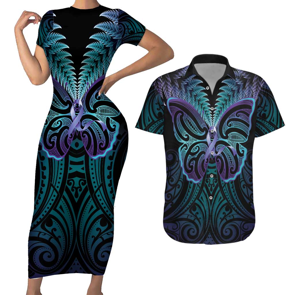Suicide Prevention New Zealand Couples Matching Short Sleeve Bodycon Dress and Hawaiian Shirt Aotearoa Maori Butterfly Mix Silver Fern - Polynesian Pride