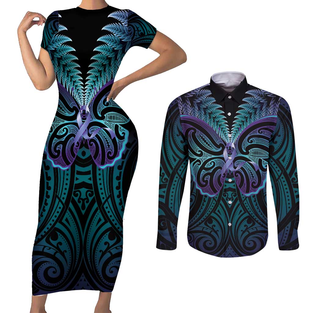 Suicide Prevention New Zealand Couples Matching Short Sleeve Bodycon Dress and Long Sleeve Button Shirt Aotearoa Maori Butterfly Mix Silver Fern - Polynesian Pride