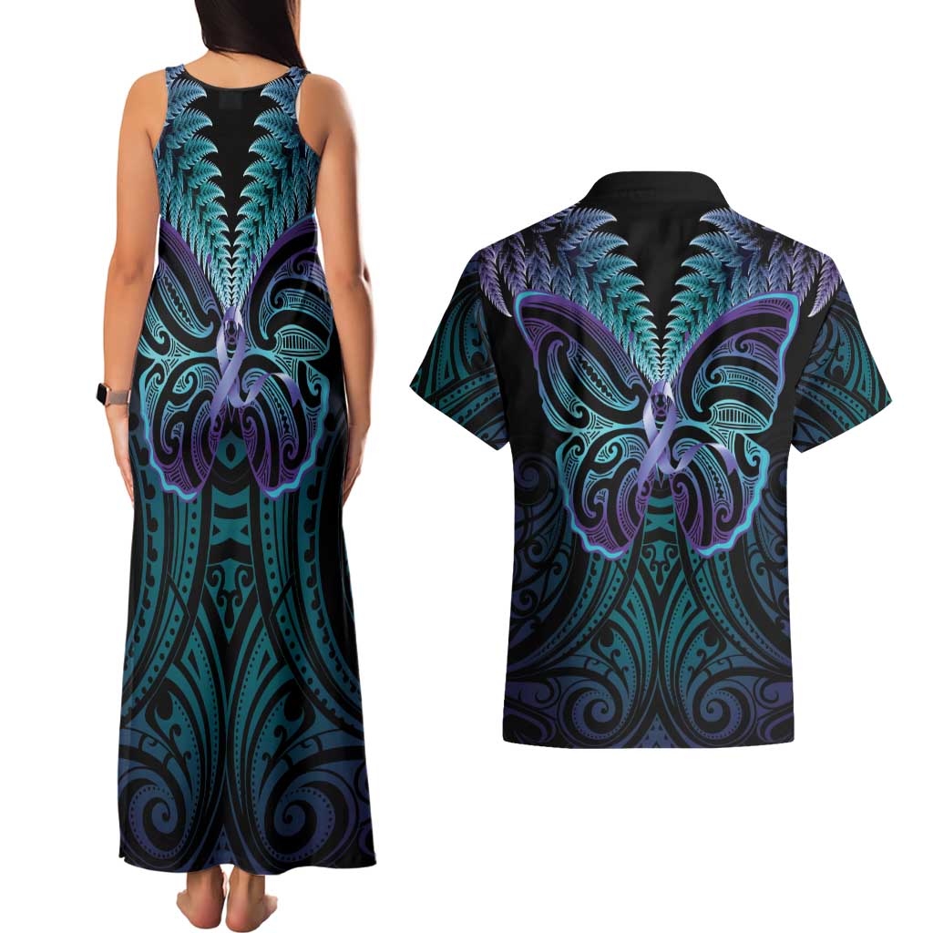 Suicide Prevention New Zealand Couples Matching Tank Maxi Dress and Hawaiian Shirt Aotearoa Maori Butterfly Mix Silver Fern - Polynesian Pride