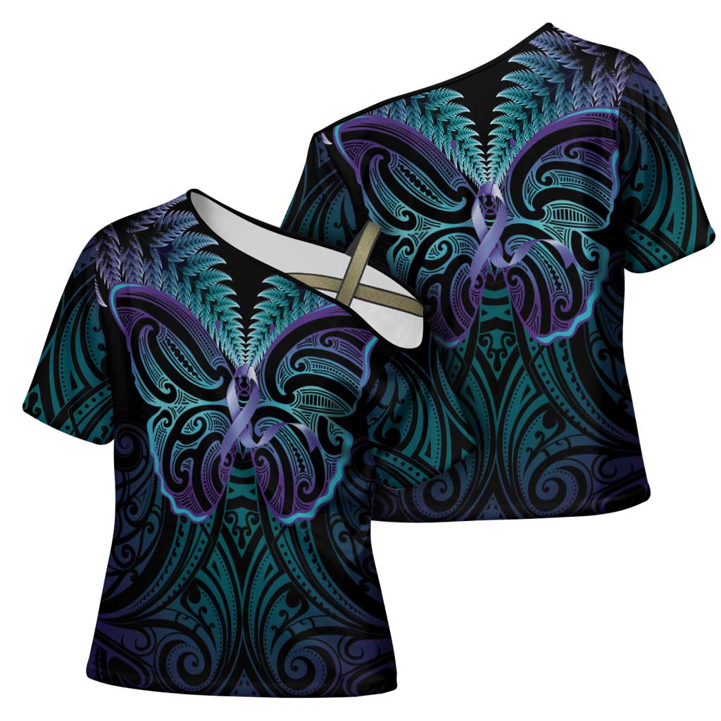 Suicide Prevention New Zealand Cross Shoulder Shirt Aotearoa Maori Butterfly Mix Silver Fern - Polynesian Pride