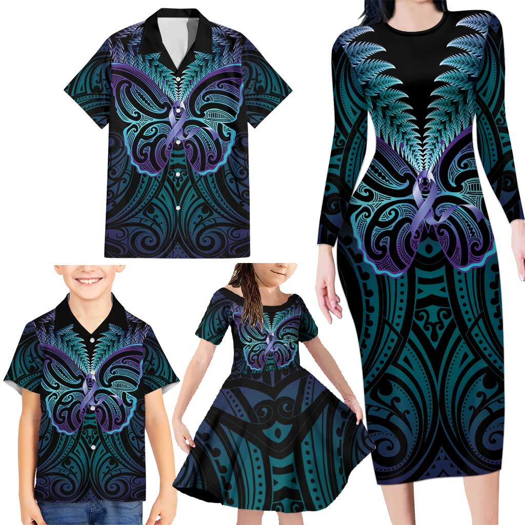 Suicide Prevention New Zealand Family Matching Long Sleeve Bodycon Dress and Hawaiian Shirt Aotearoa Maori Butterfly Mix Silver Fern - Polynesian Pride