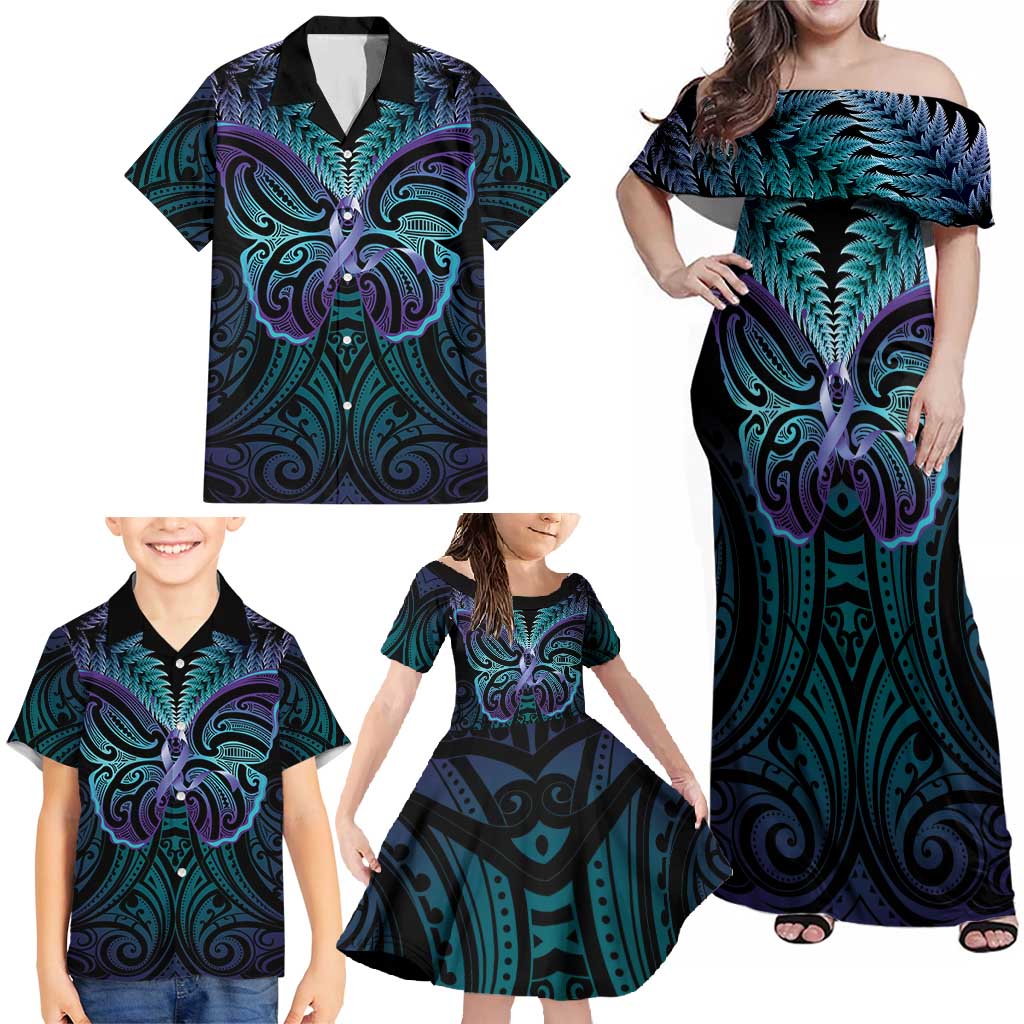 Suicide Prevention New Zealand Family Matching Off Shoulder Maxi Dress and Hawaiian Shirt Aotearoa Maori Butterfly Mix Silver Fern - Polynesian Pride