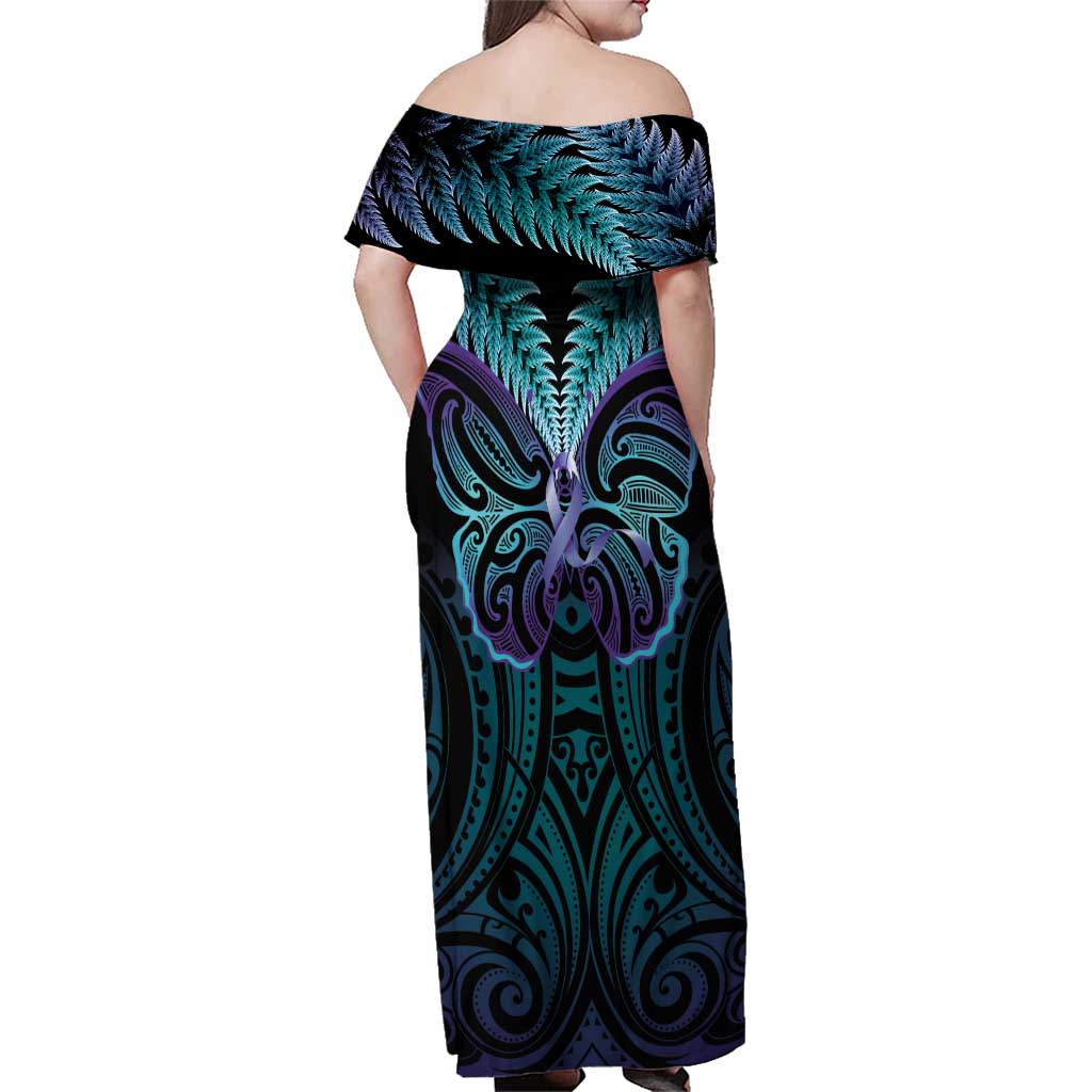Suicide Prevention New Zealand Family Matching Off Shoulder Maxi Dress and Hawaiian Shirt Aotearoa Maori Butterfly Mix Silver Fern - Polynesian Pride