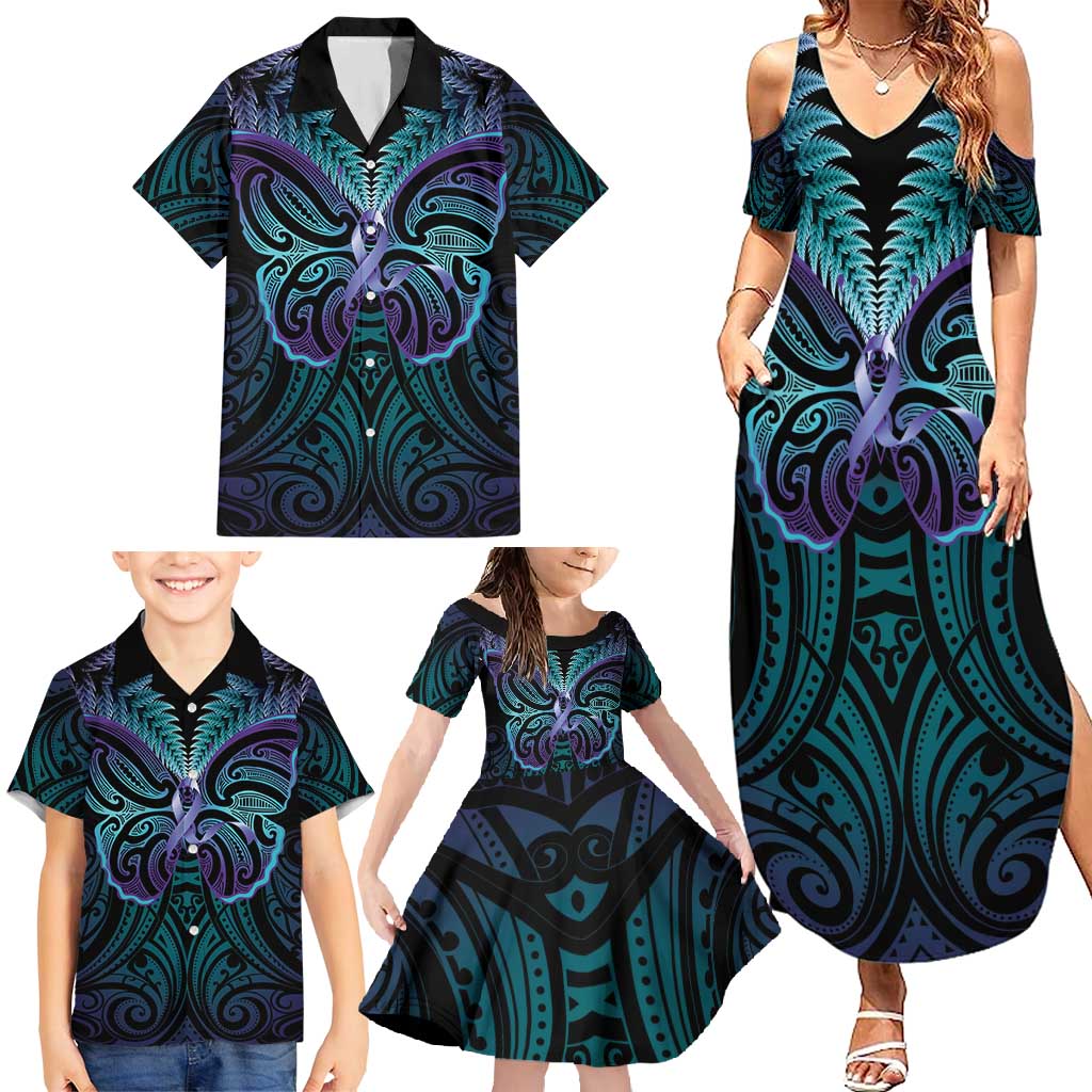 Suicide Prevention New Zealand Family Matching Summer Maxi Dress and Hawaiian Shirt Aotearoa Maori Butterfly Mix Silver Fern - Polynesian Pride