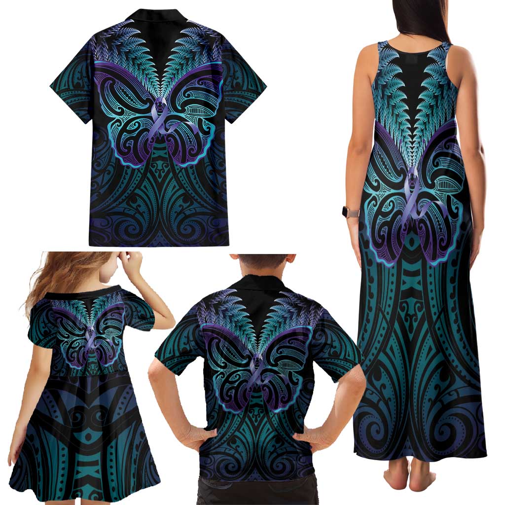 Suicide Prevention New Zealand Family Matching Tank Maxi Dress and Hawaiian Shirt Aotearoa Maori Butterfly Mix Silver Fern - Polynesian Pride