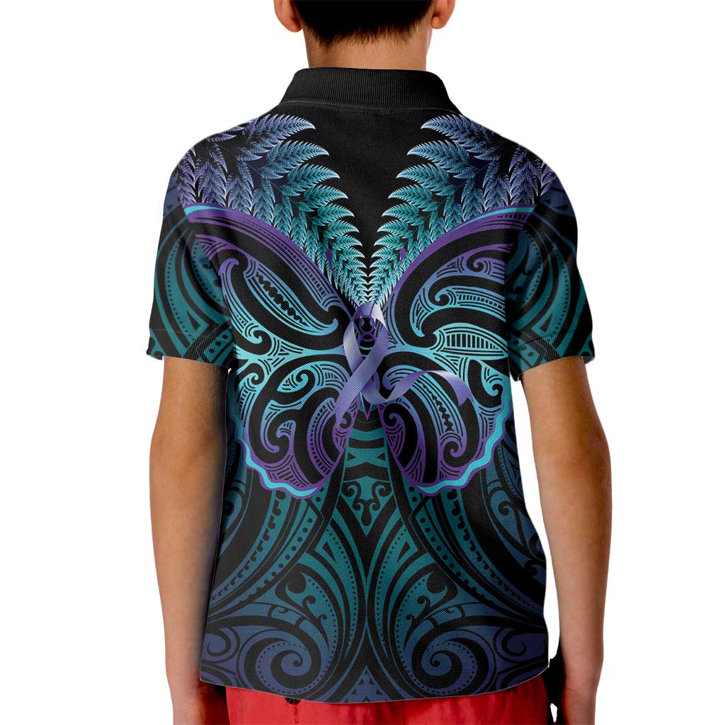 Suicide Prevention New Zealand Kid Polo Shirt Aotearoa Maori Butterfly Mix Silver Fern - Polynesian Pride