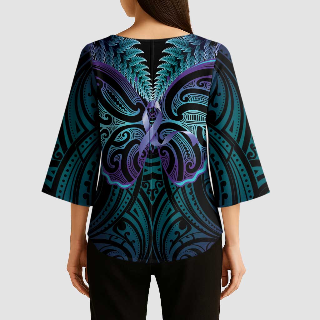 Suicide Prevention New Zealand Kimono Sleeve Blouse Aotearoa Maori Butterfly Mix Silver Fern - Polynesian Pride
