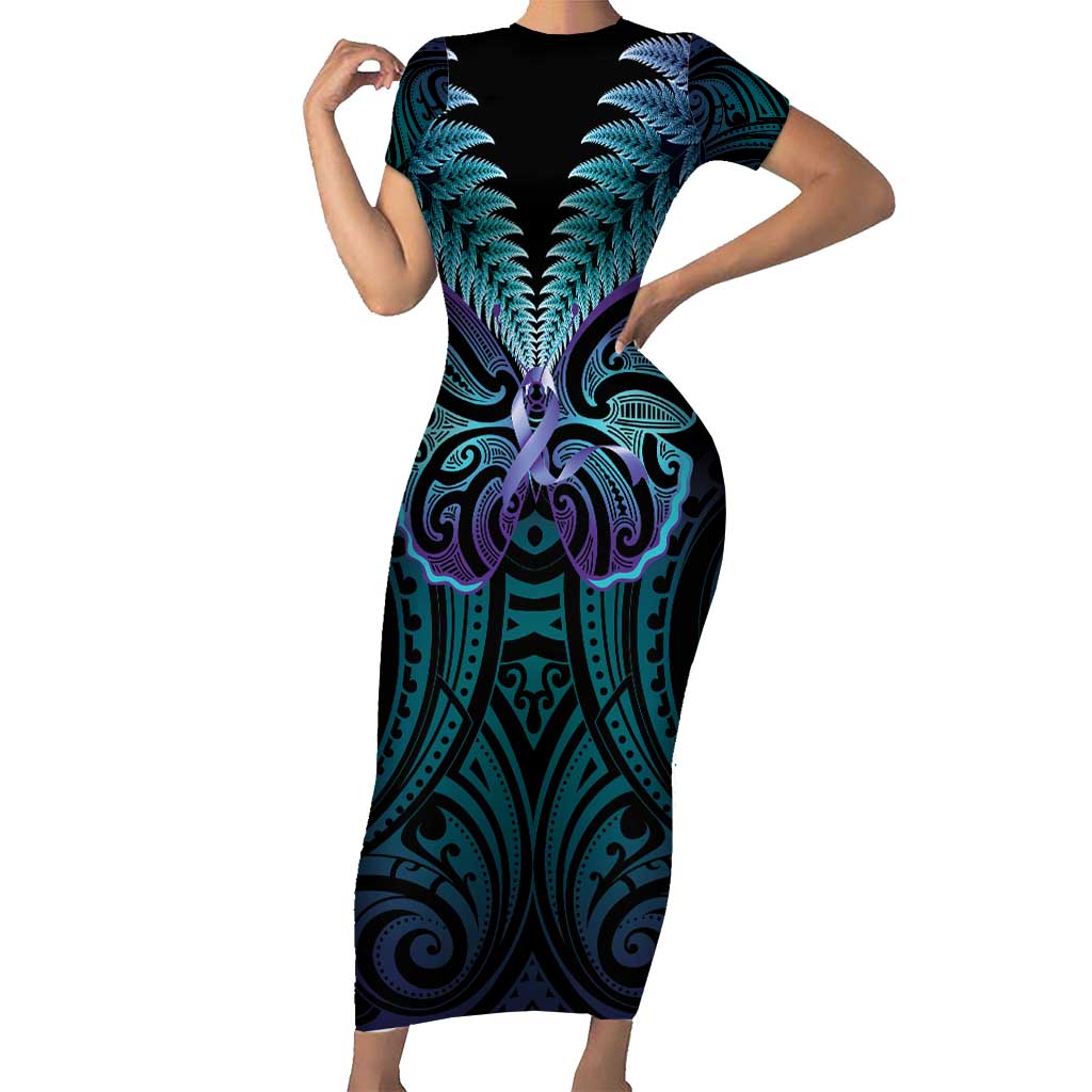 Suicide Prevention New Zealand Short Sleeve Bodycon Dress Aotearoa Maori Butterfly Mix Silver Fern - Polynesian Pride