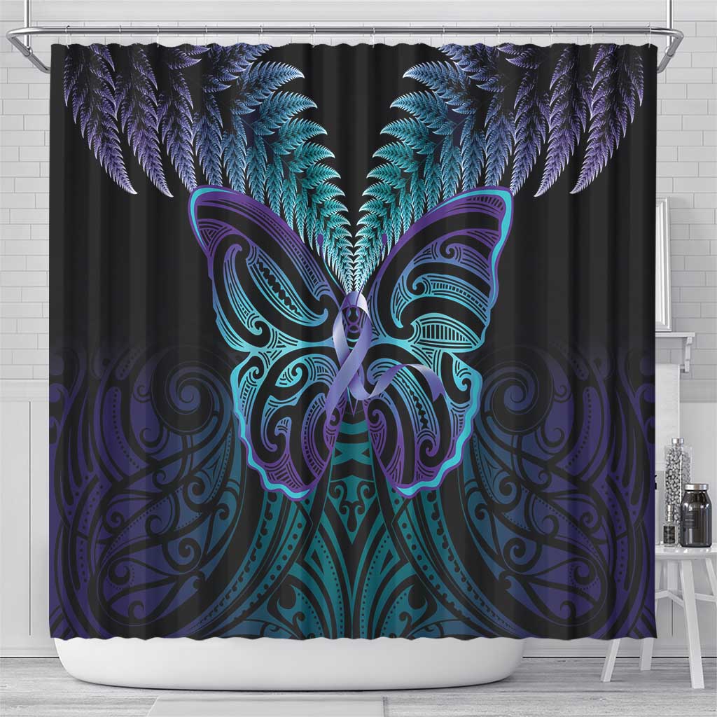 Suicide Prevention New Zealand Shower Curtain Aotearoa Maori Butterfly Mix Silver Fern - Polynesian Pride