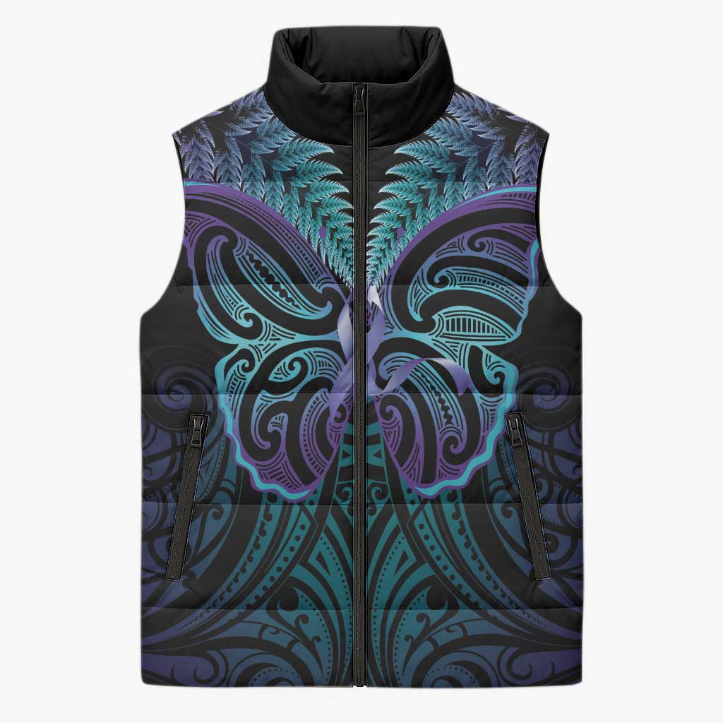 Suicide Prevention New Zealand Sleeveless Puffer Jacket Aotearoa Maori Butterfly Mix Silver Fern - Polynesian Pride