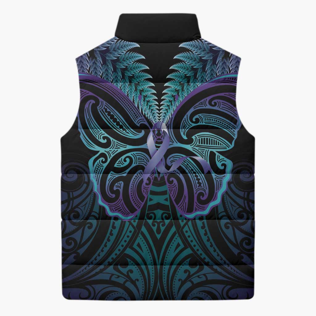 Suicide Prevention New Zealand Sleeveless Puffer Jacket Aotearoa Maori Butterfly Mix Silver Fern - Polynesian Pride