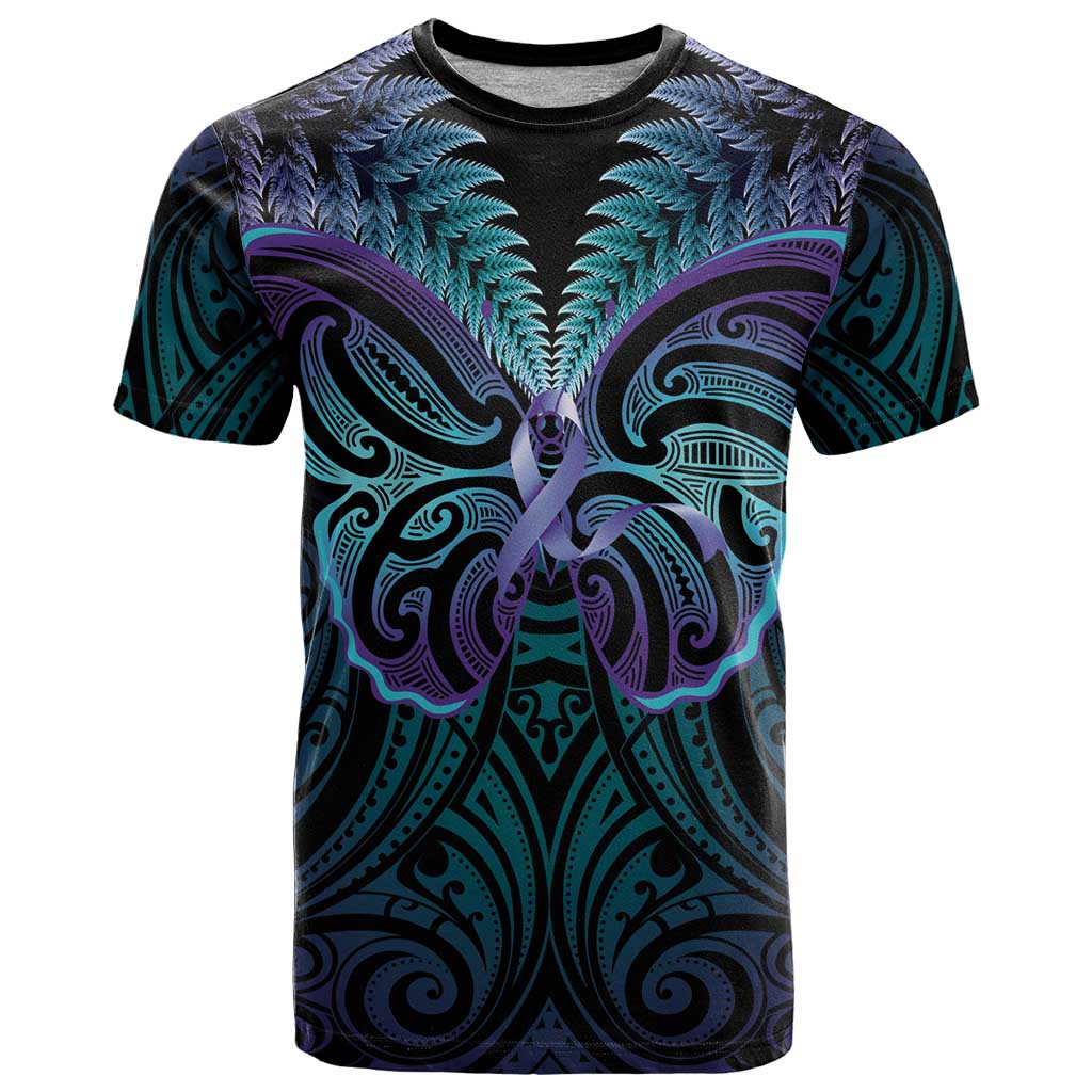 Suicide Prevention New Zealand T Shirt Aotearoa Maori Butterfly Mix Silver Fern - Polynesian Pride
