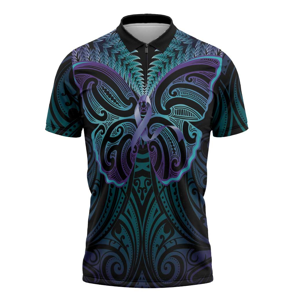 Suicide Prevention New Zealand Zipper Polo Shirt Aotearoa Maori Butterfly Mix Silver Fern - Polynesian Pride