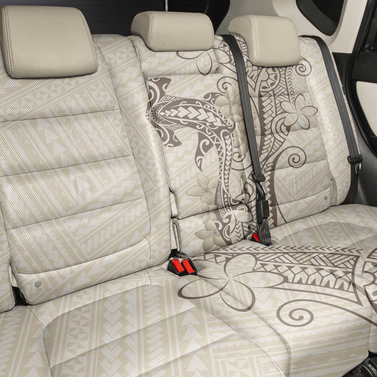 Beige Hawaii Back Car Seat Cover Hammerhead Shark Tattoo Curve Polynesian - Polynesian Pride