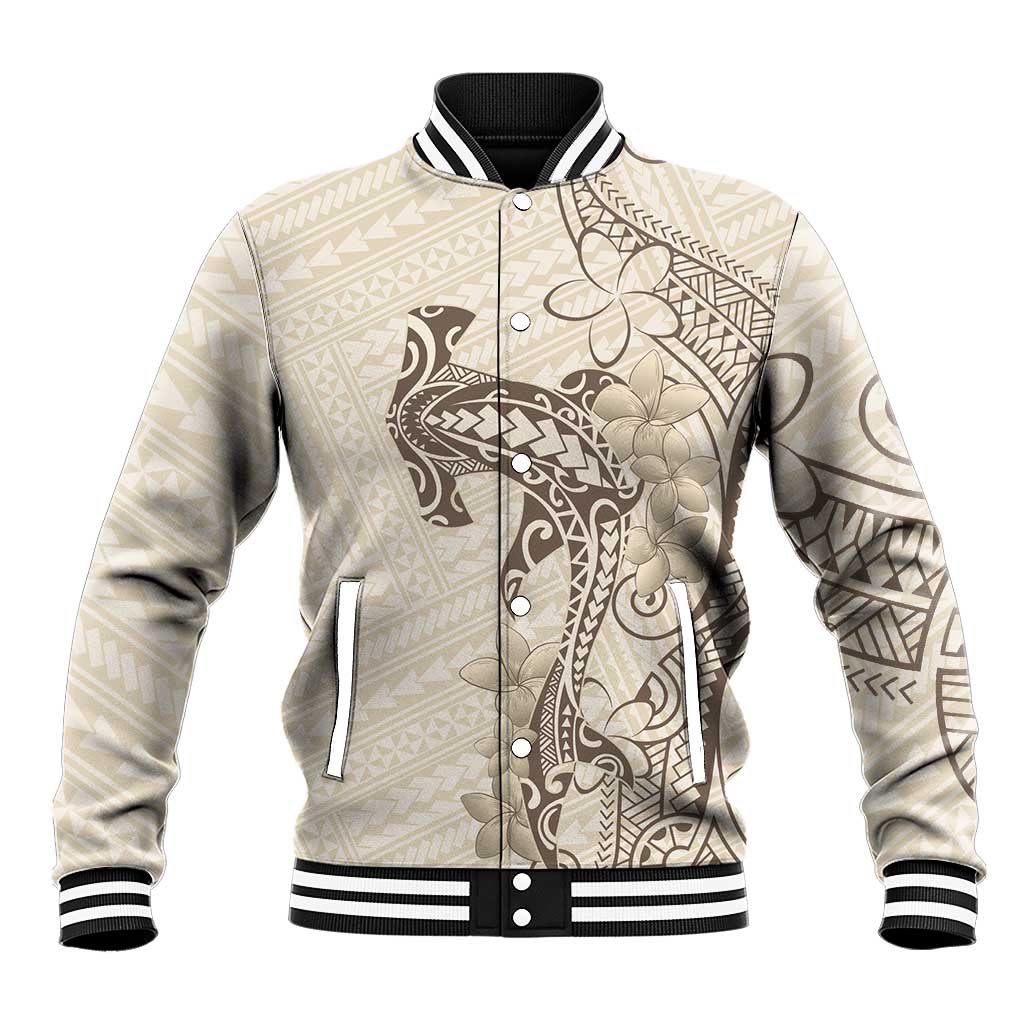 Beige Hawaii Baseball Jacket Hammerhead Shark Tattoo Curve Polynesian - Polynesian Pride