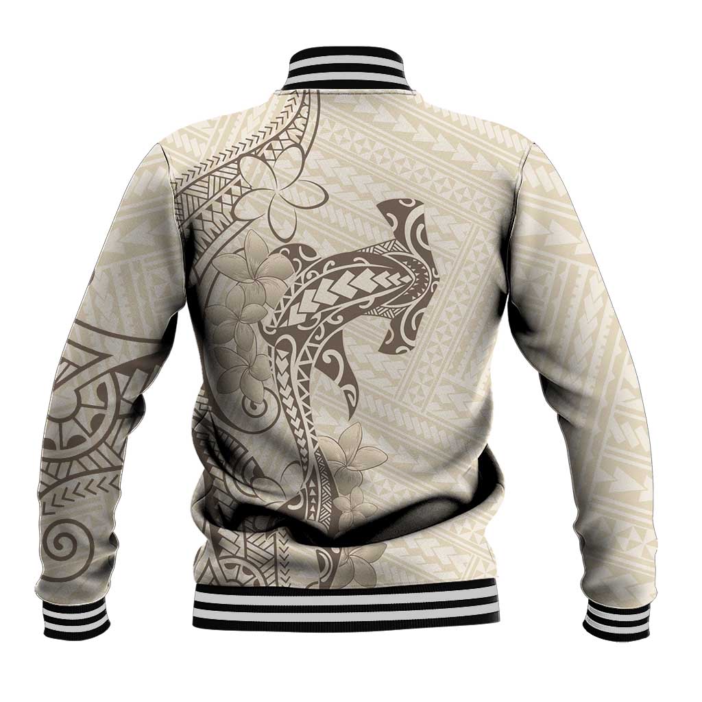 Beige Hawaii Baseball Jacket Hammerhead Shark Tattoo Curve Polynesian - Polynesian Pride