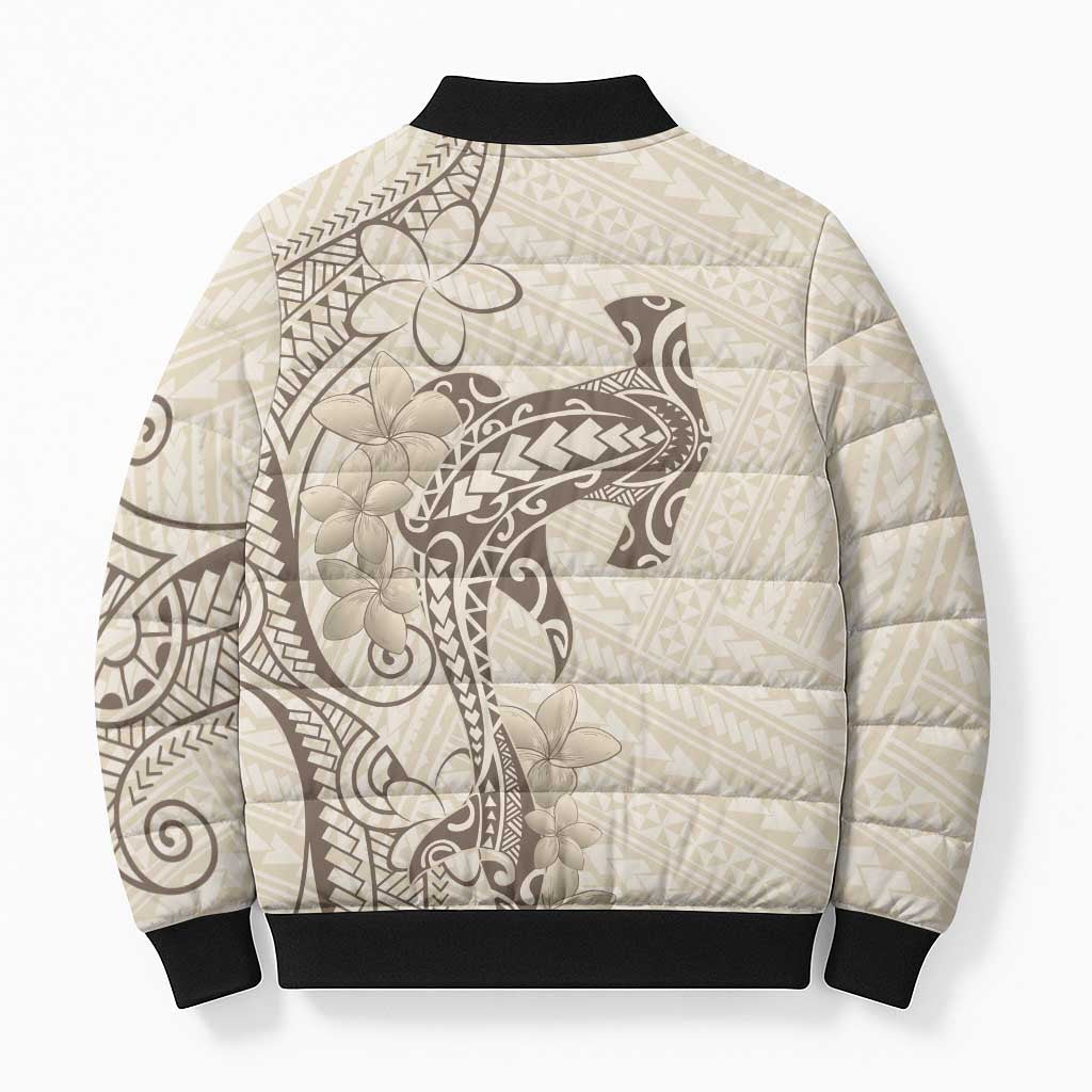 Beige Hawaii Bomber Puffer Jacket Hammerhead Shark Tattoo Curve Polynesian - Polynesian Pride