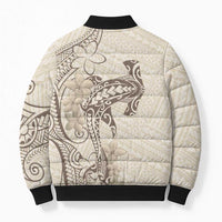 Beige Hawaii Bomber Puffer Jacket Hammerhead Shark Tattoo Curve Polynesian - Polynesian Pride