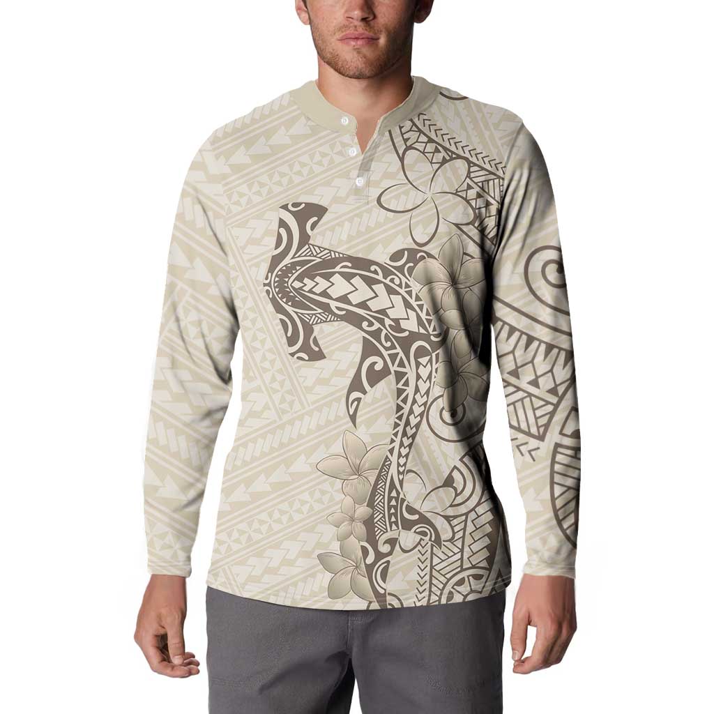 Beige Hawaii Button Sweatshirt Hammerhead Shark Tattoo Curve Polynesian - Polynesian Pride