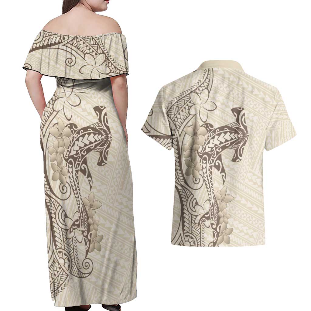 Beige Hawaii Couples Matching Off Shoulder Maxi Dress and Hawaiian Shirt Hammerhead Shark Tattoo Curve Polynesian - Polynesian Pride
