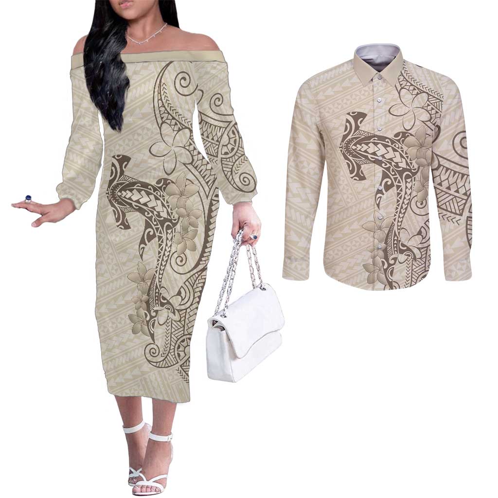 Beige Hawaii Couples Matching Off The Shoulder Long Sleeve Dress and Long Sleeve Button Shirt Hammerhead Shark Tattoo Curve Polynesian - Polynesian Pride