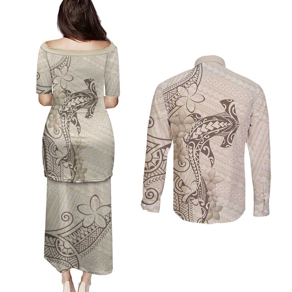 Beige Hawaii Couples Matching Puletasi and Long Sleeve Button Shirt Hammerhead Shark Tattoo Curve Polynesian - Polynesian Pride