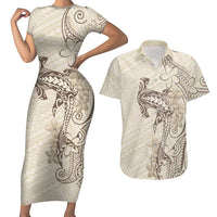 Beige Hawaii Couples Matching Short Sleeve Bodycon Dress and Hawaiian Shirt Hammerhead Shark Tattoo Curve Polynesian - Polynesian Pride