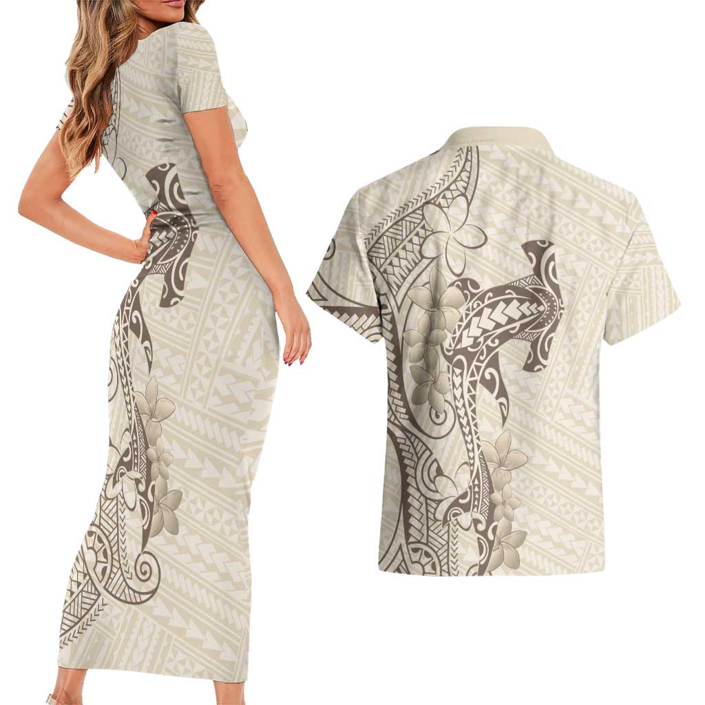 Beige Hawaii Couples Matching Short Sleeve Bodycon Dress and Hawaiian Shirt Hammerhead Shark Tattoo Curve Polynesian - Polynesian Pride