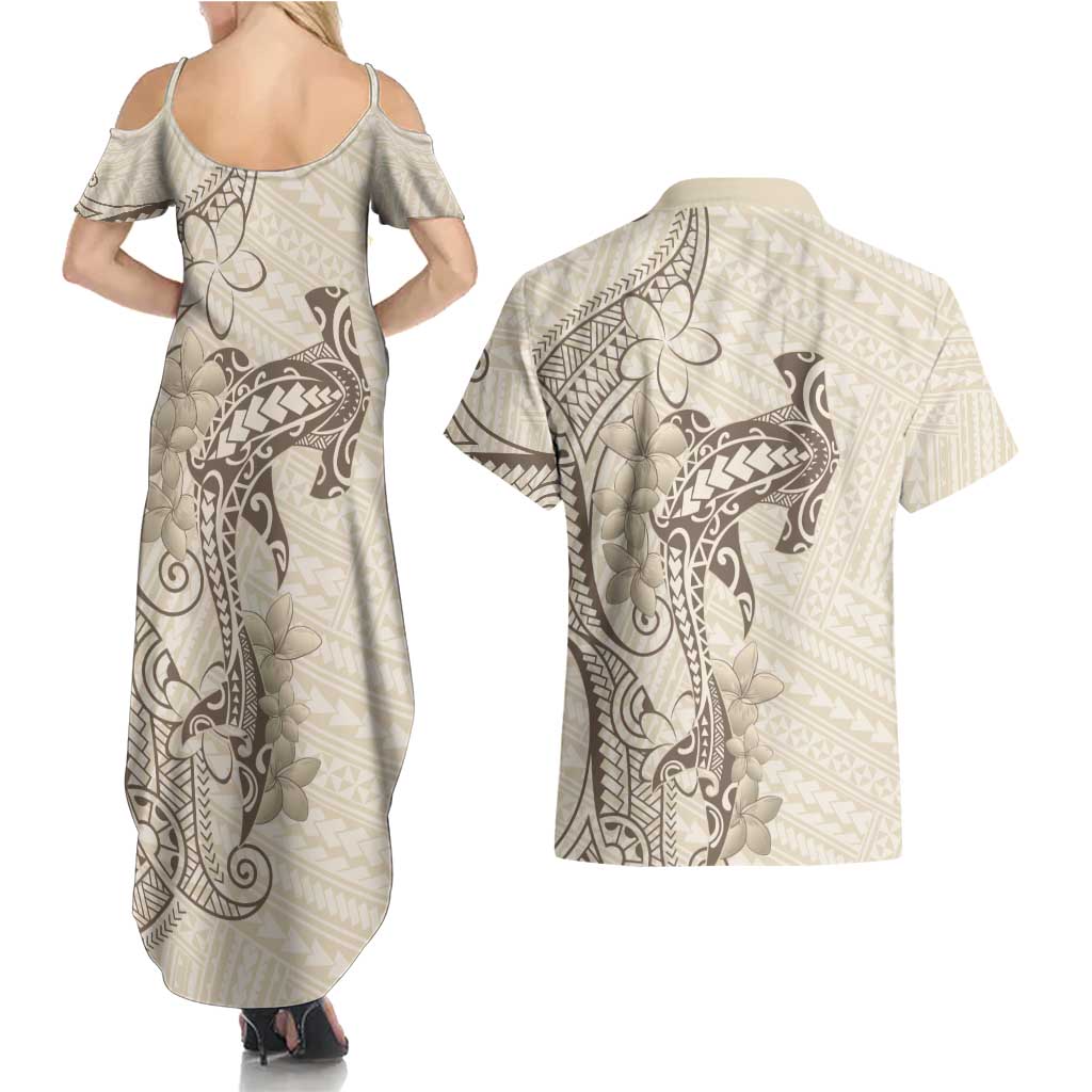 Beige Hawaii Couples Matching Summer Maxi Dress and Hawaiian Shirt Hammerhead Shark Tattoo Curve Polynesian - Polynesian Pride
