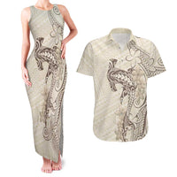 Beige Hawaii Couples Matching Tank Maxi Dress and Hawaiian Shirt Hammerhead Shark Tattoo Curve Polynesian - Polynesian Pride