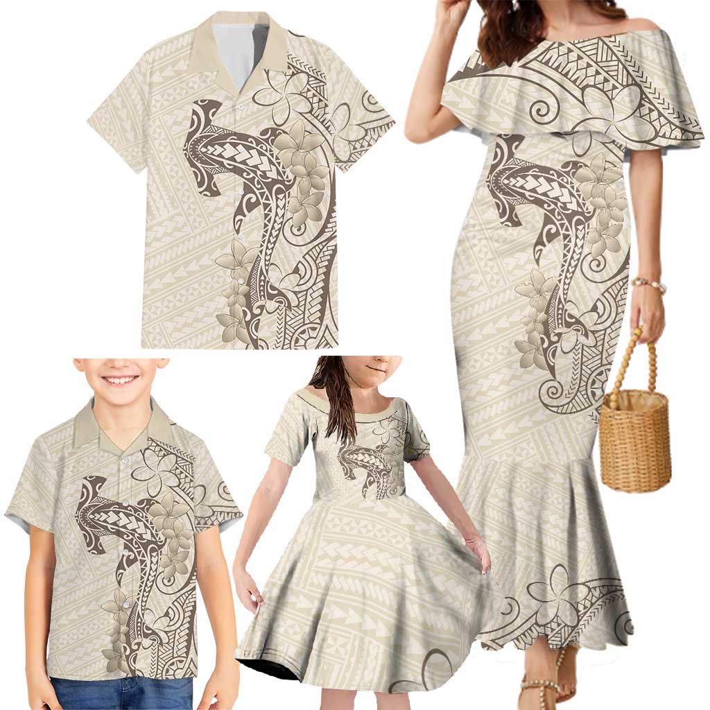 Beige Hawaii Family Matching Mermaid Dress and Hawaiian Shirt Hammerhead Shark Tattoo Curve Polynesian - Polynesian Pride
