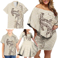Beige Hawaii Family Matching Off Shoulder Short Dress and Hawaiian Shirt Hammerhead Shark Tattoo Curve Polynesian - Polynesian Pride