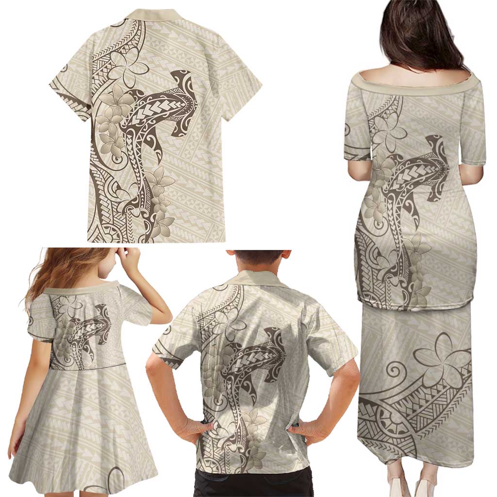 Beige Hawaii Family Matching Puletasi and Hawaiian Shirt Hammerhead Shark Tattoo Curve Polynesian - Polynesian Pride