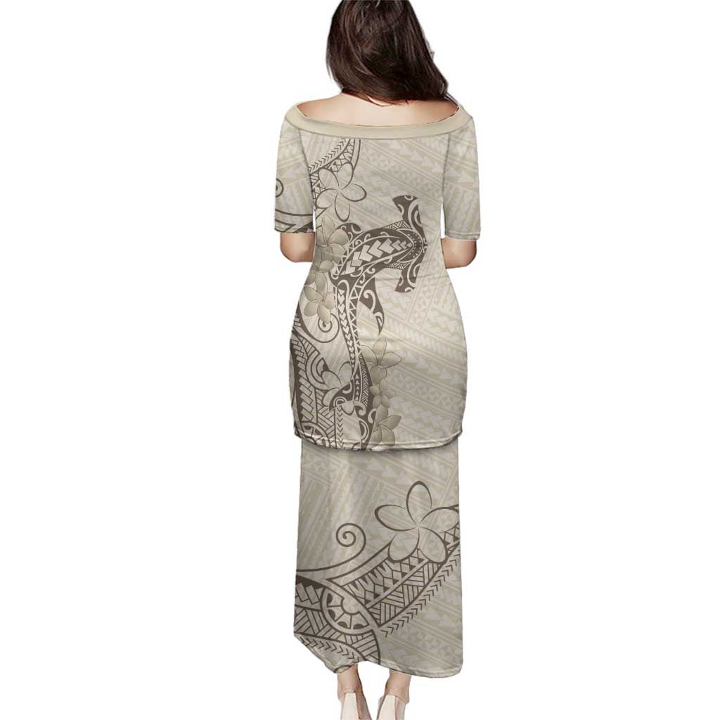 Beige Hawaii Family Matching Puletasi and Hawaiian Shirt Hammerhead Shark Tattoo Curve Polynesian - Polynesian Pride